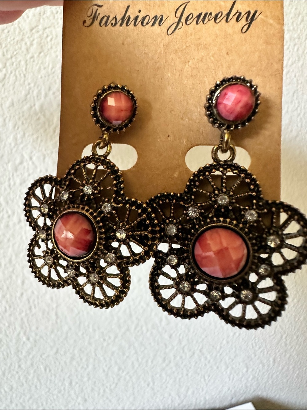 Fashion Jewelry Gold-Tone Filigree Earrings with Pink Cabochons new